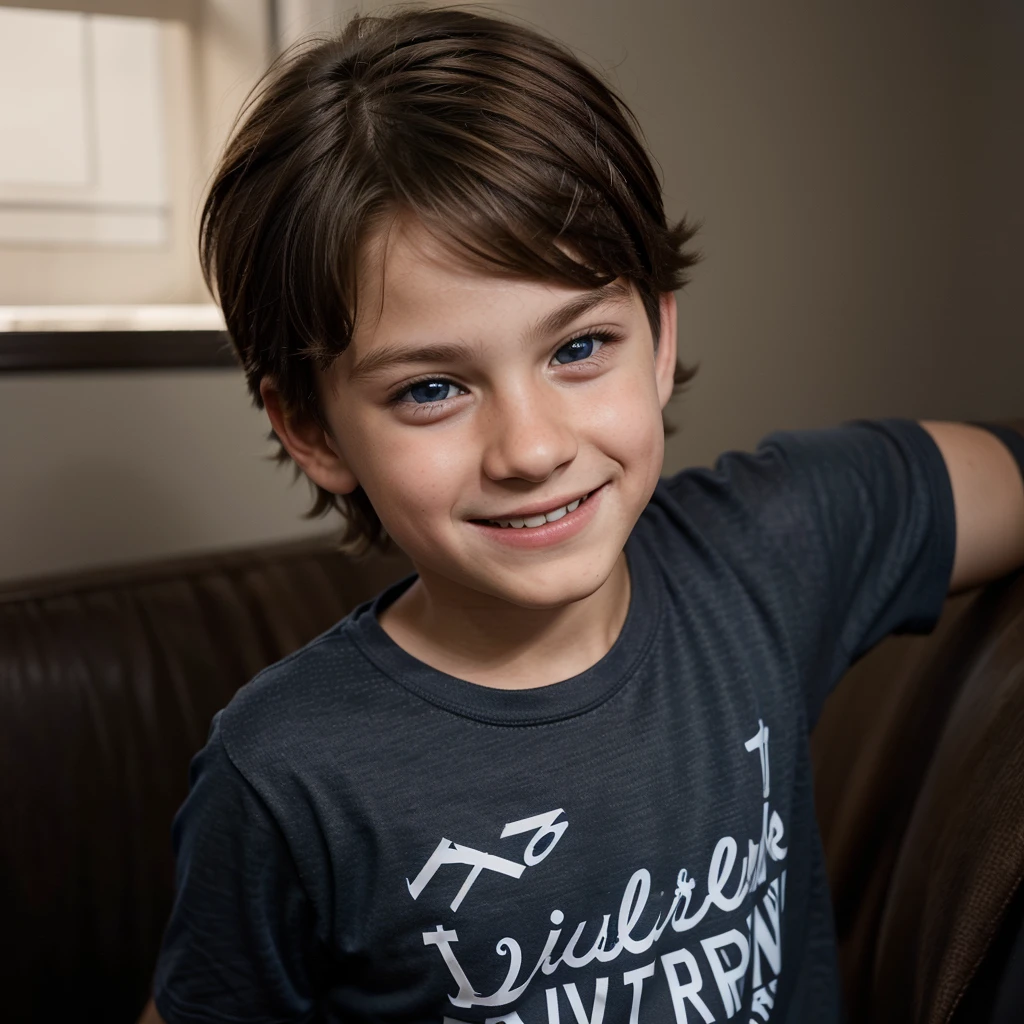 A photo of a handsome 6  Caucasian little bter Parker, brown hair, blue eyes, slim, wearing a black t-shirt with a picture of rock singer Joan Jett, smiling faintly. (Digital 3D artwork)