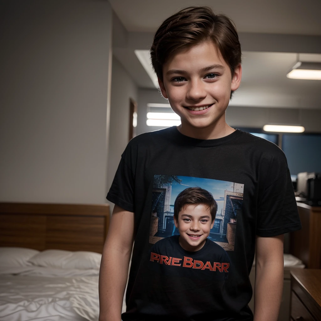 A photo of a handsome 6 year old Caucasian little boy, Peter Parker, brown hair, blue eyes, slim, wearing a black t-shirt with, smiling faintly. (PS5 style)