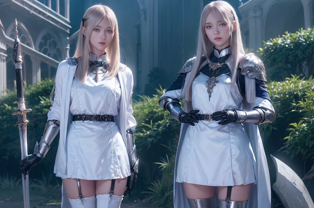 Top quality, masterpiece, very high resolution, (photorealistic: 1.4), Raw photo, 2 girls, long straight blond hair cut in a bob, light blue eyes, (beautiful breasts)、shiny skin、(( (beautiful detailed European faces)))、With a beautiful sword and shield、gorgeous and resplendent luminous girls,(Beautiful silver sexy armor、(((Random straight hair))),(((beautiful legs))), (proportionate breasts ), Seductive look, ((Background of beautiful decaying dungeon ruins)), (Ultimate beauty), (Detailed and realistic beauty face), (Fighting demonic beasts), (Small LED), ((Super realistic details)), portlate, global lighting, Shadow, octane rendering, 8k, ultra-sharp, exposed raw skin in neckline, metals, Intricate ornament details, very intricate details, Lightweight and realistic (Mystical expression), CGSoation trend, bright eyes, Facing the camera), Gundam, Small LED.