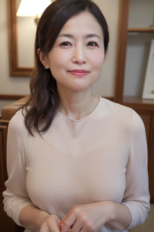 a serene mature 55 year old japanese woman, married woman, delicate features, long eyelashes, shimmering eyes, low ponytail, red lipstick, rosy cheeks, elegant, candid pose, nude, nude portrait, full body, wallpaper, (best quality,8k,highres,masterpiece:1.2),ultra-detailed,(realistic,photorealistic,photo-realistic:1.37),intricate details,warm soft lighting,gentle colors,natural skin tones,cinematic composition