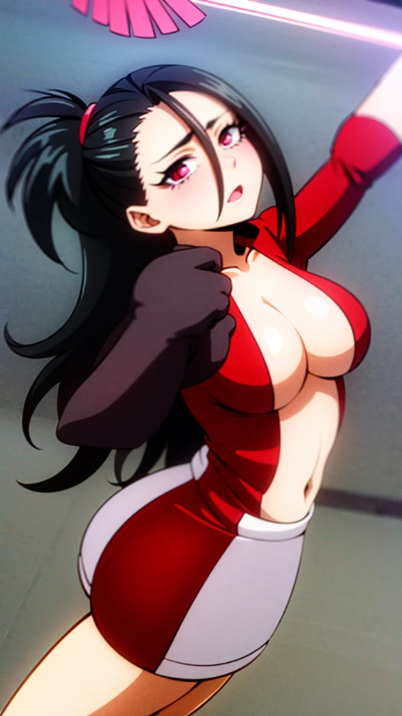 Yaoyorozu , standing , pov from top , big eyes , beautiful face , eyelashes , hot , cheerleader outfit , my hero academia style , big round breasts