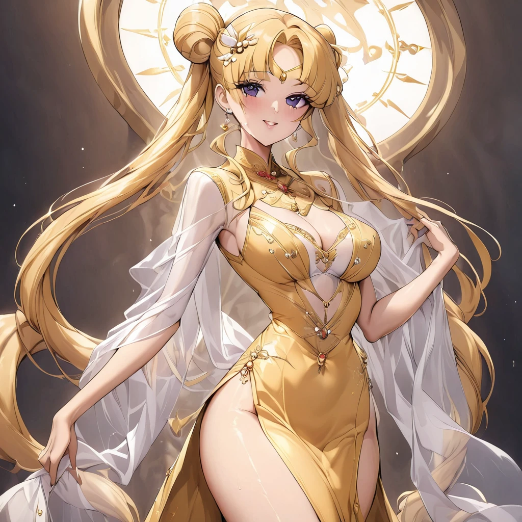 ((Highest quality)), ((masterpiece)), (detailed), (Perfect Face)、The woman is wearing a luxurious, glittering, gold-embroidered, shiny, see-through gold Chinese dress with a long slit, a gold veil, a gold see-through cape, a gorgeous hair ornament, and gorgeous jeweled accessories.、The woman is the elegant Tsukino Usagi, with long blonde hair in a chignon twin tail.