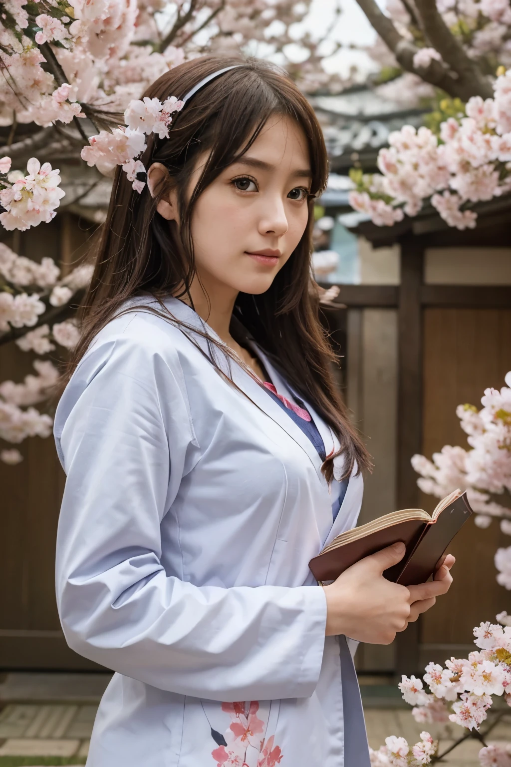 The main illustration for the Telegram bot that helps users learn Japanese is made in anime style: a friendly girl with a textbook in her hands surrounded by elements of Japanese culture, such as sakura flowers and traditional objects, on a bright and attractive background.
Exclude lettering.