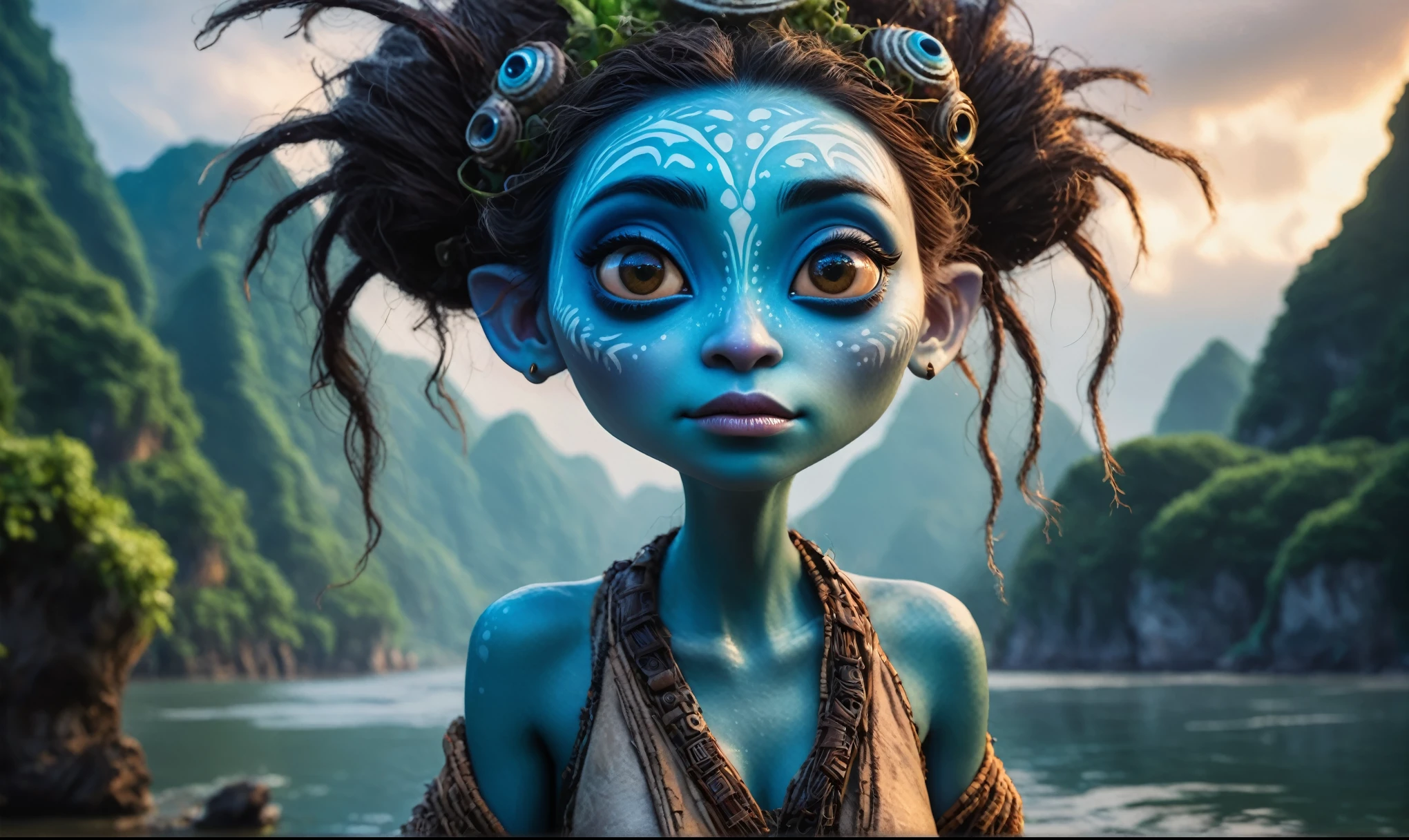 view from height,full-body-shot,niobium The Alien Entity Moana, sassiness temper,natural skin textures, hyper realisitc, hyper detailed,Extremely detailed,High contrast, ,Realistic,Ultra Detailed,intricate details,realistic humid skin,extremely intricate,Epic Realistic, Romantic, cinematic style,irina yermolova, messy hair,luminous eyes,extremely detailed, [night landscape],masterpiece,intricate details,faded,eyes extremely detailed, high detailed eyes,32k resolution, Nikon Z9,orc's village of fishers on Li River in  National Forest Park,full body length,mother-of-bismuth TAUN WE from star wars,ominous landscape,flying islands on background in dangerous atmosphere,intricate details,realistic humid skin,extremely intricate details,anatomically correct,faded,eyes extremely detailed, high detailed eyes,UHD,Retina,HDR,natural skin textures, hyper realism, hyper detailed,High contrast,Realism,Ultra Detailed,irina yermolova,close full body shot, masterpiece,faded,32k resolution, Nikon Z9,sunset, a Tim Burton-inspired dreamscape,Bun Hair,(Folk clothes:1.5),Mestichino,Light particles,marble's leather 