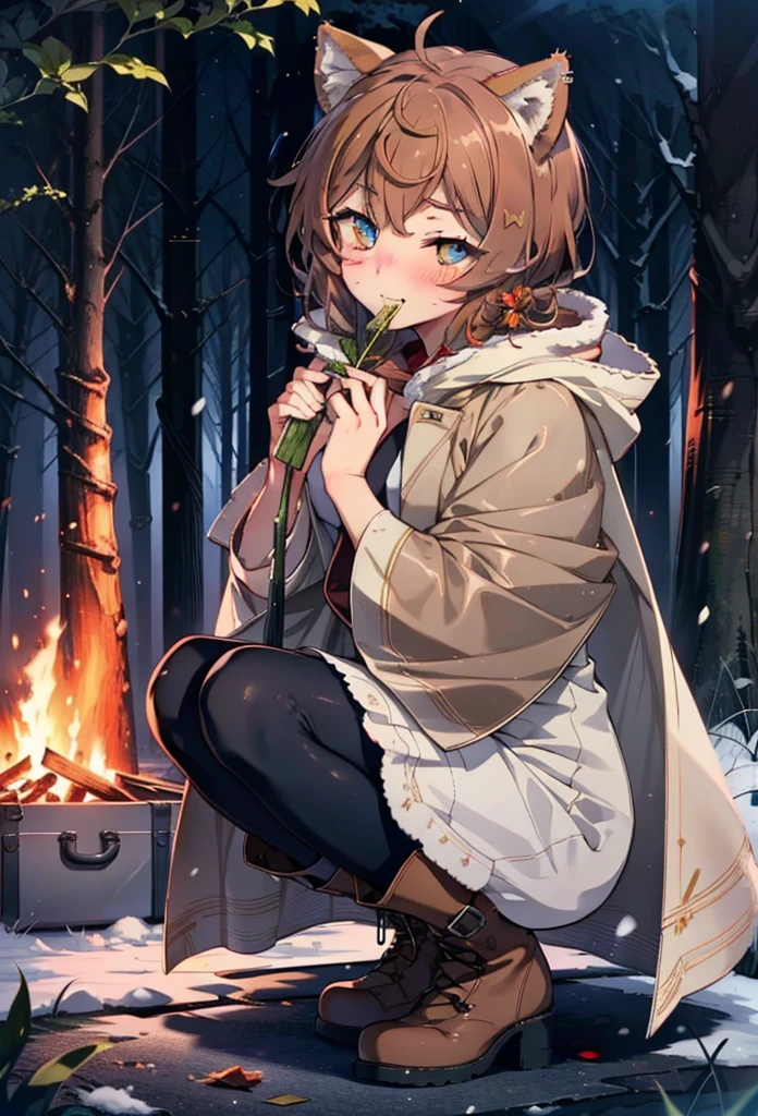 Liliru Card, Liliruca gets burned, Animal ears, (Brown eyes:1.7), Brown Hair, (Flat Chest:1.2), short hair,smile,blush,White Breath,
Open your mouth,snow,Ground bonfire, Outdoor, boots, snowing, From the side, wood, suitcase, Cape, Blurred, having meal, forest, White handbag, nature,  Squat, Mouth closed, Cape, winter, Written boundary depth, Black shoes, red Cape break looking at viewer, Upper Body, whole body, break Outdoor, forest, nature, break (masterpiece:1.2), Highest quality, High resolution, unity 8k wallpaper, (shape:0.8), (Beautiful and beautiful eyes:1.6), Highly detailed face, Perfect lighting, Extremely detailed CG, (Perfect hands, Perfect Anatomy),