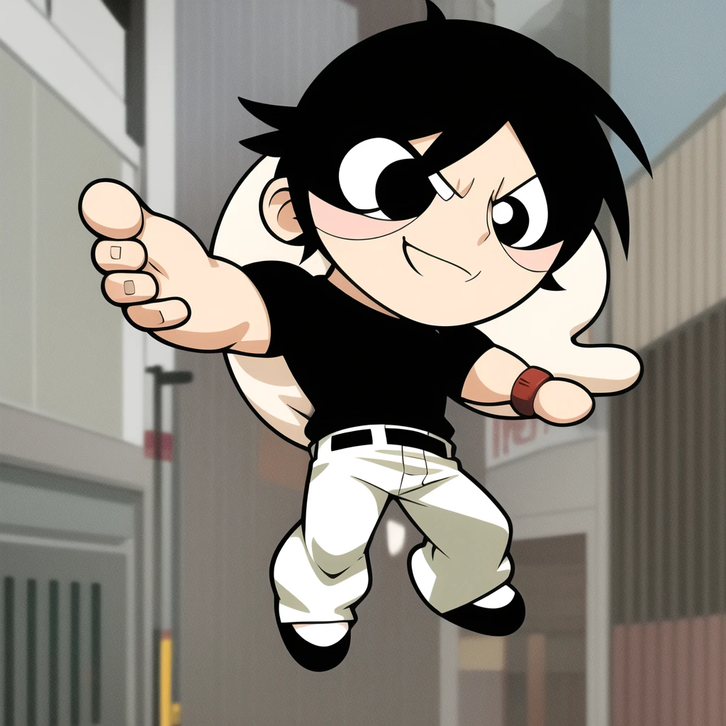 fushiguro toji, muscular male, black shirt, short sleeves, pants, cute smile, full body, chibi, black hair, background, (((Solo)))