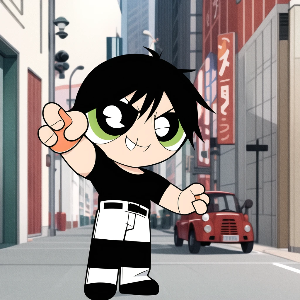 fushiguro toji, muscular male, black shirt, short sleeves, pants, cute smile, full body, chibi, black hair, background, (((Solo)))