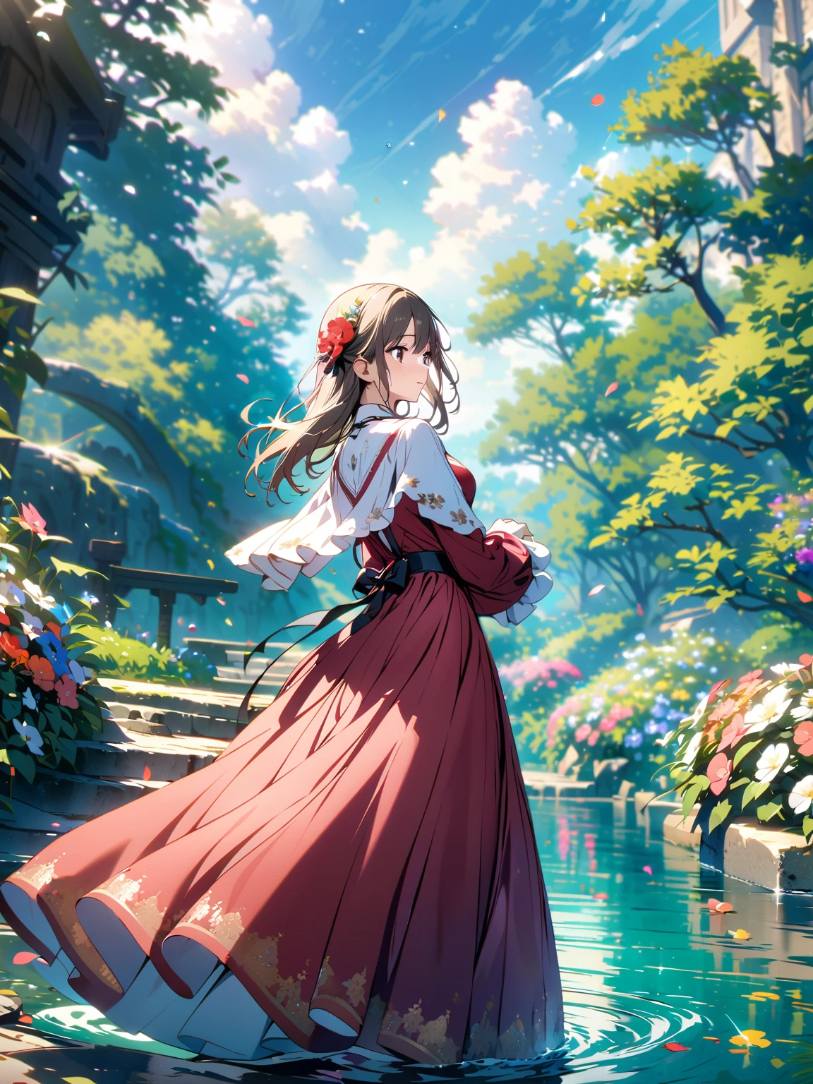 Very delicate and beautiful，非常にdetailed，CG，Unity，8k wallpaper，wonderful，detailed，masterpiece，The best quality in the best condition，Official Art，非常にdetailed CG 8k Unbelievably ridiculous resolution,Beautiful and exquisite,High resolution，非常にdetailedな目と顔,garden with flowers,Dressed in a red dress,  turn around,On the water