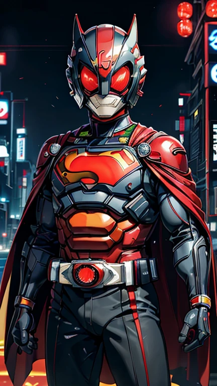 (8k),(masterpiece),(Japanese),(8-year-old boy),((innocent look)),((Childish)),From the front,smile,cute,Innocent,Kind eyes,Flat chest,red, helmet,red domino mask,Red cape,Superman, short,Black Hair,Strong wind,night,dark, Neon light cyberpunk city,Kamen rider,camisa