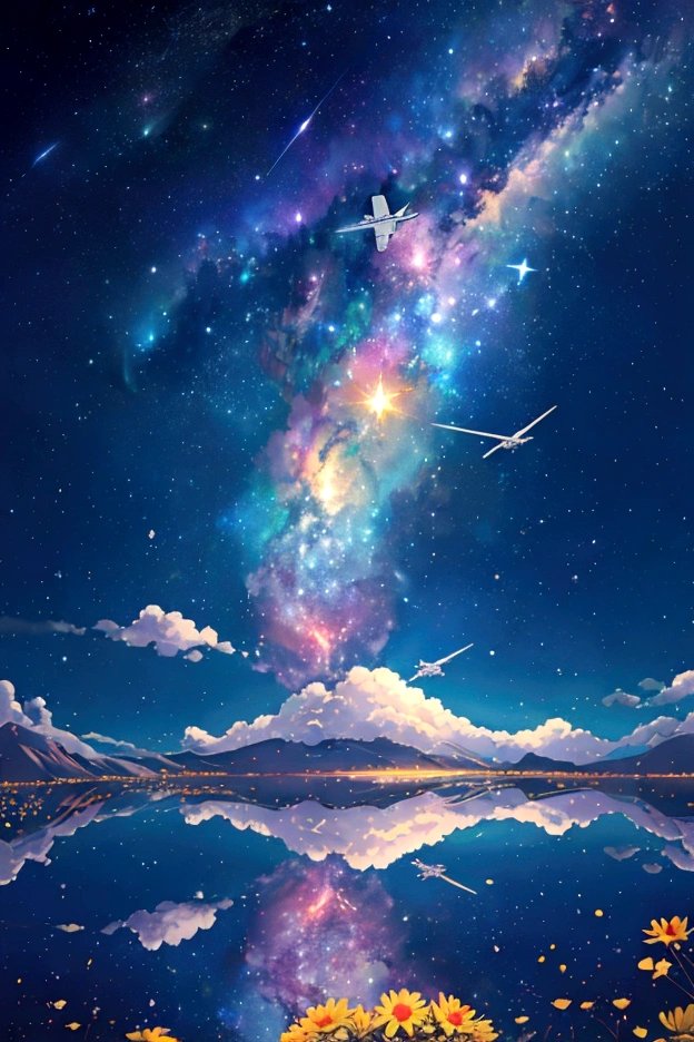 plane、虹色に光り輝くplane、虹色の空を飛ぶplane，colorful，beauttiful stars，wonderful景色，Utopia，An atmosphere full of dreams and hope，masterpiece．16K, Ultra-high resolution, Ultra-high resolution, to be born,wonderful ,future、Iridescent、The world 30 years from now。