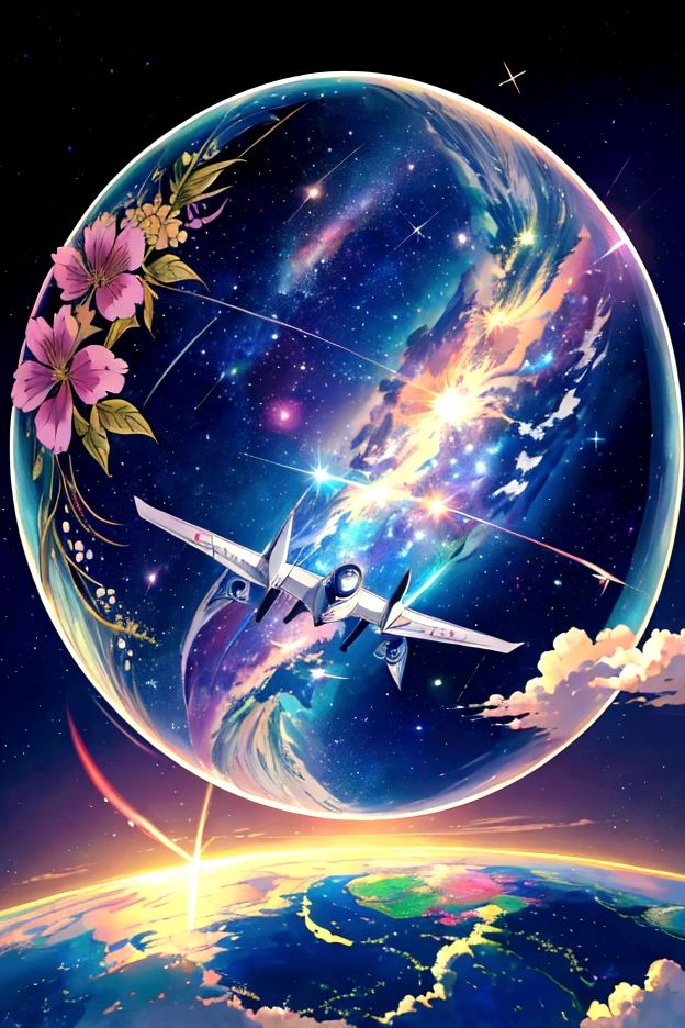 plane、虹色に光り輝くplane、虹色の空を飛ぶplane，colorful，beauttiful stars，wonderful景色，Utopia，An atmosphere full of dreams and hope，masterpiece．16K, Ultra-high resolution, Ultra-high resolution, to be born,wonderful ,future、Iridescent、The world 30 years from now。