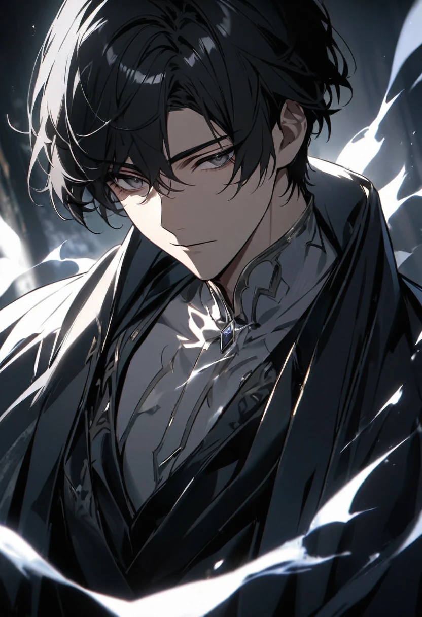 Man, short hair, black hair, black eyes, glowings eyes, black aura, white aura, handsome, high quality and on his chest there a