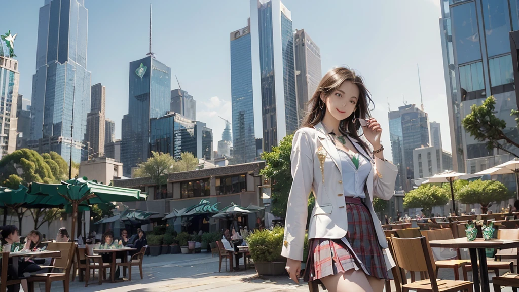 8K、RAW Photos、Highest quality、Super detailed、Super Resolution、Ultra HD、8K壁紙、Amazing details blazer uniform girl ((White blouse with formal collar, Blue Blazer,
Red Check Skirt, Red checkered ribbon on blouse)), Complete limbs, Full Finger,
((((((Starbucks outdoor cafe among skyscrapers))))))、((16 year old female student))、(((((Eat cake、Drink coffee、smile)))))、(((Heart Necklace、Gold bracelet)))
(((Emphasize cleavage)))
(((((Ferrari 488)))))
((((Full body photo、The whole body is visible、Full body portrait))))