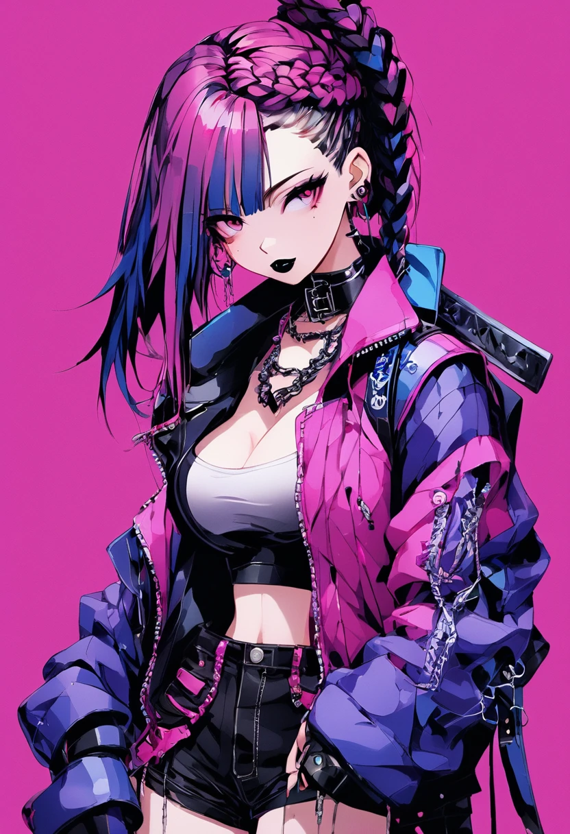 (masterpiece), (Highest quality), One girl, Emo, Spike Collar, Fingerless gloves, Jacket, Black lipstick, Big Breasts, indoor, Braid