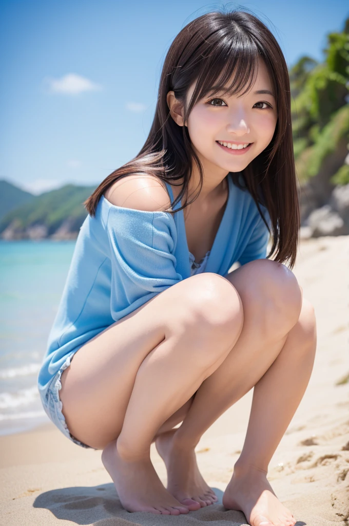 Ultra Realistic, Photo, Top Quality, 8K, 32K, Cute Japanese Woman, beach, happy, smiling, blush, knee high, blue sky, shoulder length hair, photo, blurred background only, detailing,
