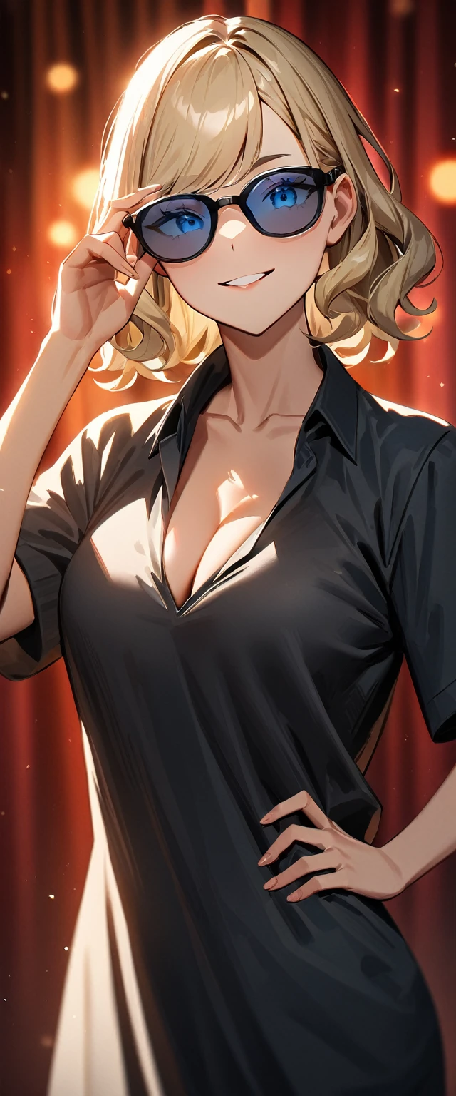 (((One girl))), tanned skin:1.3, blond hair, ((sunglasses, hand to sunglasses)), stick out tongue, ((one hand on hip)), ((bob cut:1.3, wavy hair)), Natural makeup, breasts, cleavage, (cowboy shot), standard body, (looking at viewer), oversized clothes, collarbone, school summer uniform, white unbuttoned shirt, skirt(open collar), ((black tie under the sweater vest)), ((black sweater)), ager, head tilt:1.3, (((blue eye))), ((happy smile)), (((anime style))), (best quality, 4k, 8k, highres, masterpiece:1.2, ultra-detailed, ultra-detailed eyes, HDR, UHD, studio lighting, ultra-fine painting, sharp focus, physically-based rendering, extreme detail description, professional, vivid colors, bokeh), ((Highest quality, Best image quality, Ultra-high resolution, Ultra-high resolution, solo, Strong eye highlights)), Depth of written boundary, Natural soft light, attractive, Beautiful Face, Cleanliness, Pure Face, nedium chest, Beautiful Face, Perfect Fingers, Perfect hands, Perfect body, Perfect Face, Shine a light into your eyes, Perfect Anatomy