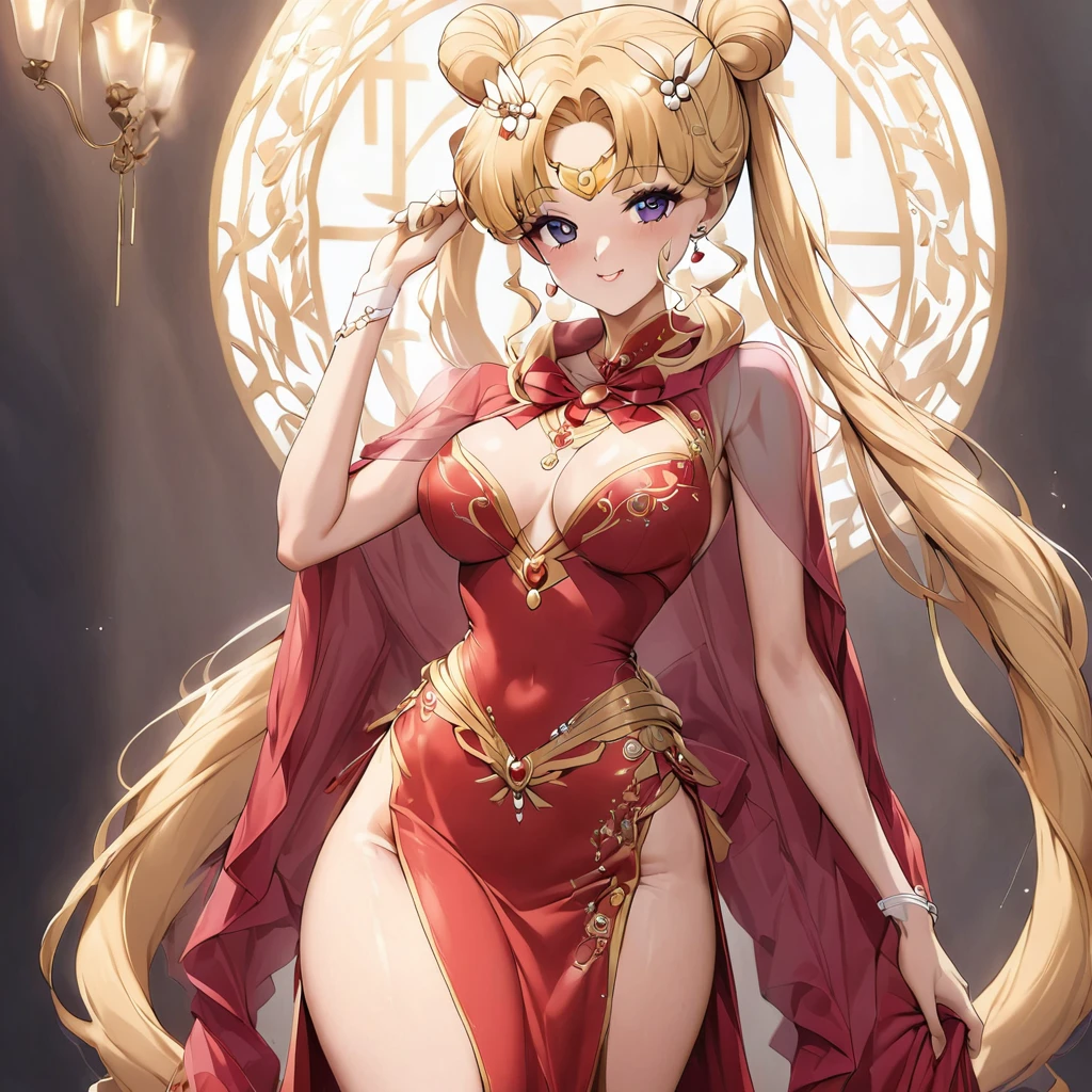 ((Highest quality)), ((masterpiece)), (detailed), (Perfect Face)、The woman is wearing a gorgeous, glittering, long-slit, red see-through Chinese dress with gold embroidery, a red veil and a red see-through cape, a gorgeous hair ornament, and gorgeous jeweled accessories.、The woman is the elegant Tsukino Usagi, with long blonde hair in a chignon twin tail.