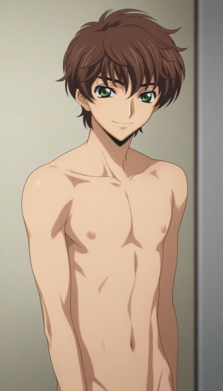 score_9, score_8_up, score_7_up, source_anime, rating_safe, intricate details, semi-realistic, looking at viewer, , 1boy, solo, male focus, suzaku_kururugi, brown hair, green eyes, naked, smile, cute, bedroom, night,