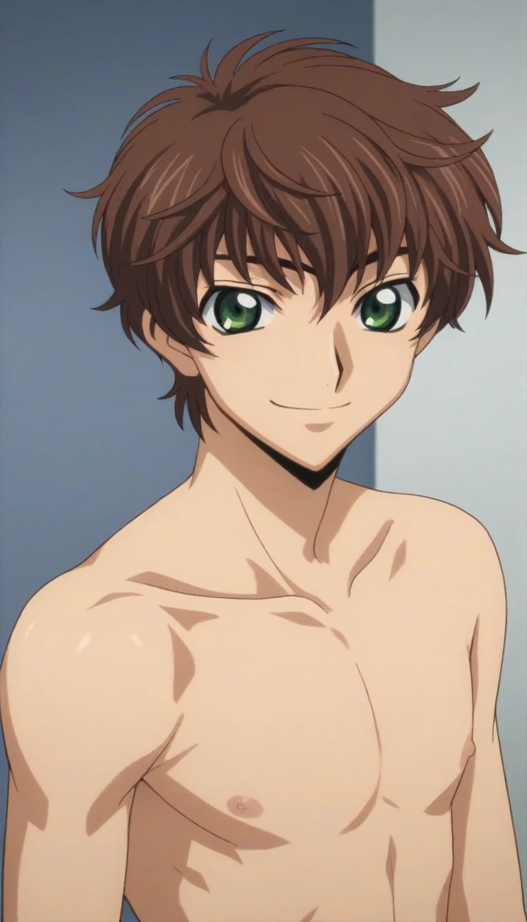 score_9, score_8_up, score_7_up, source_anime, rating_safe, intricate details, semi-realistic, looking at viewer, , 1boy, solo, male focus, suzaku_kururugi, brown hair, green eyes, naked, smile, cute, bedroom, night,