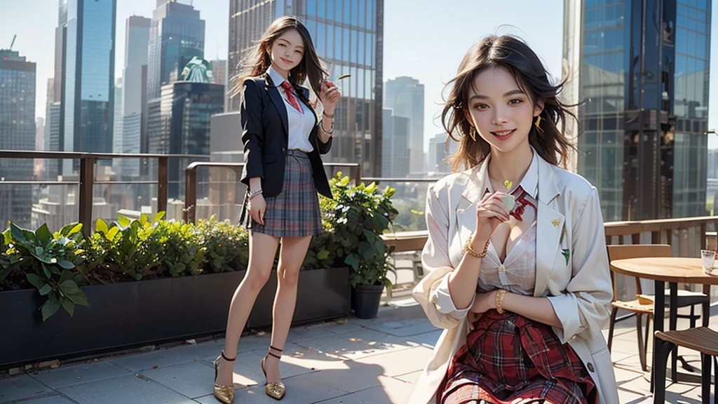 8K、RAW Photos、Highest quality、Super detailed、Super Resolution、Ultra HD、8K壁紙、Amazing details blazer uniform girl ((White blouse with formal collar, Blue Blazer,
Red Check Skirt, Red checkered ribbon on blouse)), Complete limbs, Full Finger,
((((((Starbucks outdoor cafe among skyscrapers))))))、((16 year old female student))、(((((Eat cake、Drink coffee、smile)))))、(((Heart Necklace、Gold bracelet)))
(((Emphasize cleavage)))
(((((Ferrari 488)))))
((((Full body photo、The whole body is visible、Full body portrait))))