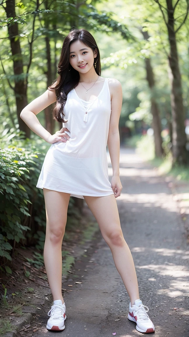 Beautiful, innocent, realistic,12-year-old, Sri Lankan, little girl with long black hair Wearing a short skirt , cute girl, in the jungle, topless, short skirt, layered clothing, open neck, smile, depth of field, overcast, misty