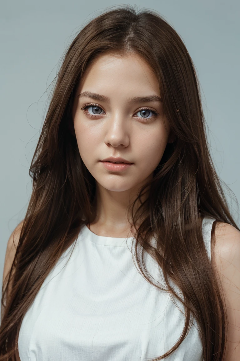 Masterpiece, Best quality, 1 Female,l, young girl, brown eyes color, long hair, smoky mix brown color hair, resolute eyes, white and blue dress, long white eardrop, frontal photo, blank background, remove background, anime, illustration, face away