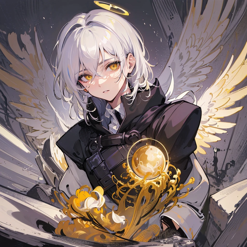 masterpiece, best quality, high quality, ((Masterpiece)), ((High resolution)), ((Fine detail)), (High-definition CG), high contrast, HDR, (official art), 1boy, solo, male focus, looking at viewer, upper body, depth of field, revel_platinum_end, yellow eyes, white hair, wings, halo, angel, angel wings,