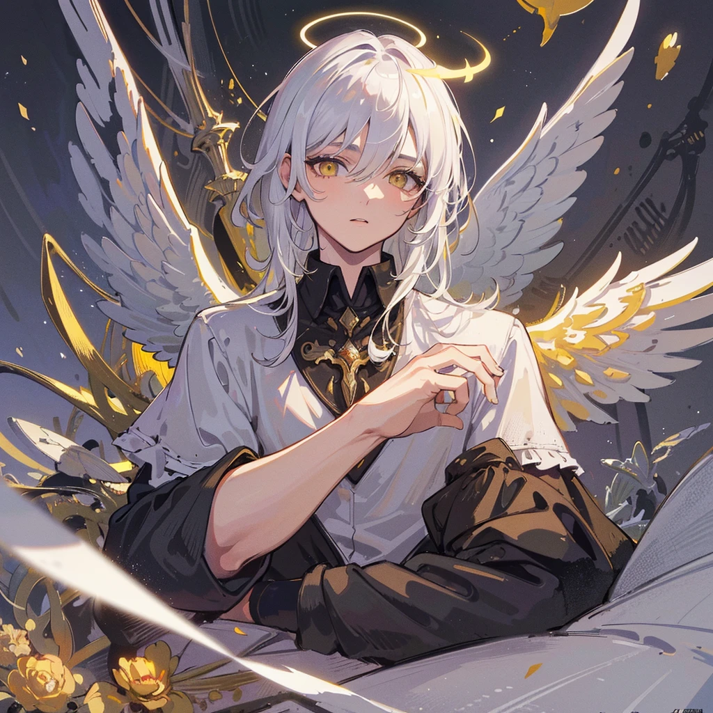 masterpiece, best quality, high quality, ((Masterpiece)), ((High resolution)), ((Fine detail)), (High-definition CG), high contrast, HDR, (official art), 1boy, solo, male focus, looking at viewer, upper body, depth of field, revel_platinum_end, yellow eyes, white hair, wings, halo, angel, angel wings,