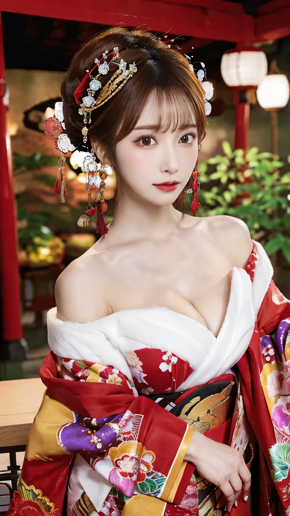 (Detailed skin:1.2),(Shiny skin:1.1),8K,Highest quality, masterpiece, Ultra-high resolution,(Realistic:1.4), RAW Photos,(Soft saturation:1.3),(Fair skin:1.2),Half-Japanese beauty,repair,20 years, Light brown hair, (Up-Hairstyles:1.2), Asymmetrical Hair, (Pretty face:1.4), (Large Breasts, Tight waist), Beautiful lighting, (Sexy Oiran:1.2,),Highly detailed face, Highly detailed lips, fine grain, double eyelid, (Sharp focus: 1.2), (Perfect Anatomy),(Beautiful woman with perfect figure: 1.2)、Exposing cleavage、Random sexy poses,(Accentuate your leg lines:1.2)、kimono、Sharp Eyes,Alluring expression、Gorgeous hair ornament、Japanese style background