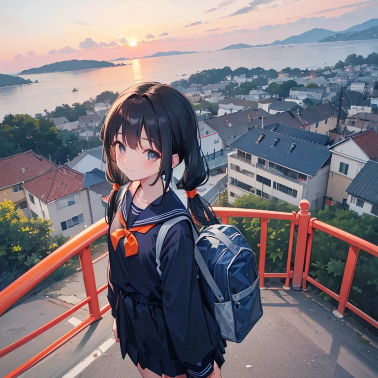 best quality, detailed, masterpiece, 1 girl, standing, gentle smile, 15yo, (low twintails:1.4), low pigtails, black hair, long hair, (navy blue sailor suit with blue ribbon:1.2), long sleeves, (dark brown eyes), (school bag), from the front, from few above, POV, alone, (steep downhill), long hill straight road to the back, electric pole, electric cable, hill city, housing, cityscape, sea in the distance, nice view, 15 o'clock, orange sky, animation