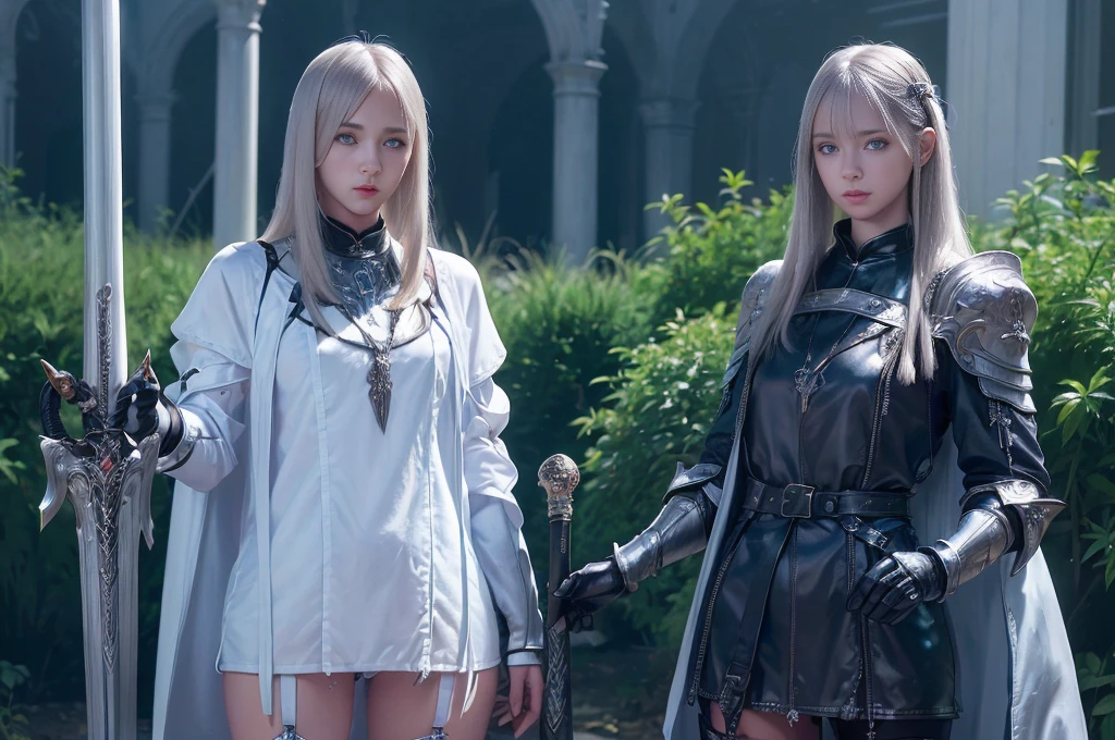 Top quality, masterpiece, very high resolution, (photorealistic: 1.4), Raw photo, 2 girls, long straight blond hair cut in a bob, light blue eyes, (beautiful breasts）、shiny skin、(( (beautiful detailed European faces)))、With a beautiful sword and shield、gorgeous and resplendent luminous girls,（Beautiful silver sexy armor、(((Random straight hair))),(((beautiful legs))), (proportionate breasts ), Seductive look, ((Background of beautiful decaying dungeon ruins)), (Ultimate beauty), (Detailed and realistic beauty face), (Fighting demonic beasts), (Small LED), ((Super realistic details)), portlate, global lighting, Shadow, octane rendering, 8k, ultra-sharp, exposed raw skin in neckline, metals, Intricate ornament details, very intricate details, Lightweight and realistic (Mystical expression), CGSoation trend, bright eyes, Facing the camera), Gundam, Small LED.

