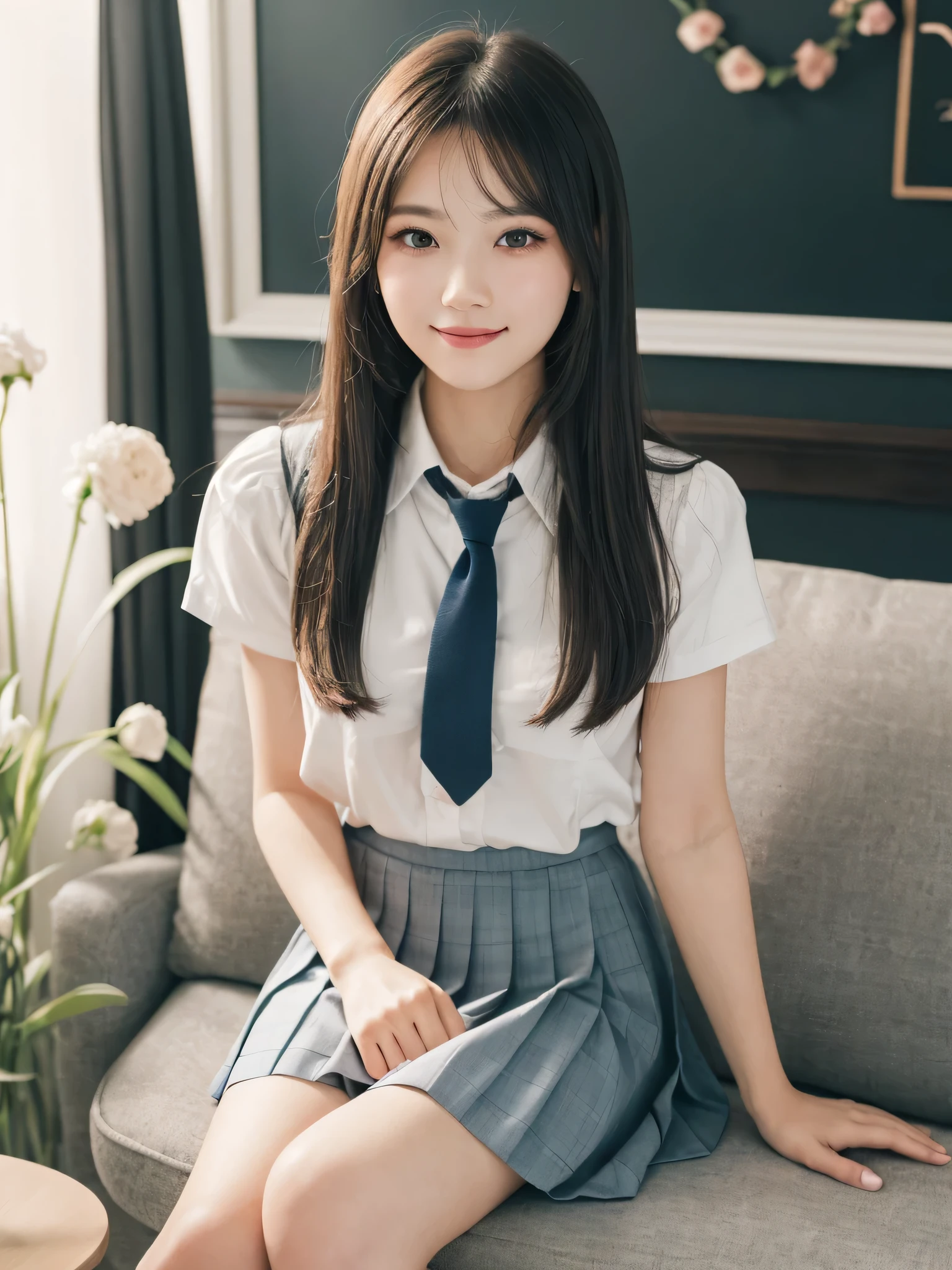 (1woman), (round eyes:1.2), (highly detailed face and eyes), refreshing smile, Amazing face and eyes, (school uniform, pleated skirt, tie:1.3), (Best Quality:1.4), (Ultra-detailed), (extremely detailed CG unified 8k wallpaper), Highly detailed, High-definition raw color photos, Professional Photography, Realistic portrait, indoors, (casual room, cute wallpapers:1.3), (Surrounded by lots of cute fresh flowers. Inside a photo studio, cute sofa:1.3), depth of fields, reflection of light, (fine face:1.2), summer,