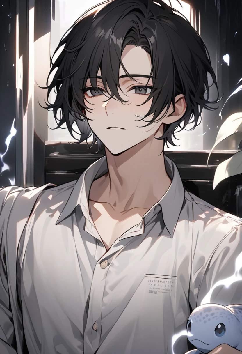 Man, short hair, black hair, black eyes, glowings eyes, black aura, white aura, handsome, high quality and on his shoulder it's written a text Milk Lizard