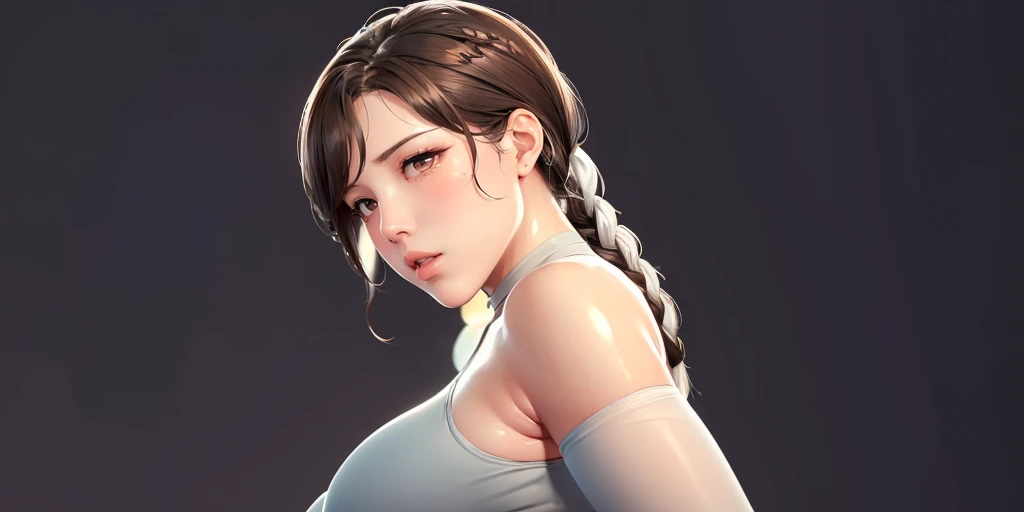 (((Perfect body,White and tender skin,(((Black yujiasuit, yoga pants, yoga long sleeves))),(((brown eyes, braid, long hair, braided ponytail, single braid, hair over shoulder, bangs, blush, lips))),((masterpiece)),highres,((Best quality at best)),masterpiece,quality,Best quality,((( Exquisite facial features,Looking at the audience,There is light in the eyes,(((happy,lol))),))),(((Light and shadow,Huge breasts,))),(((Looking at the camera,White background))))