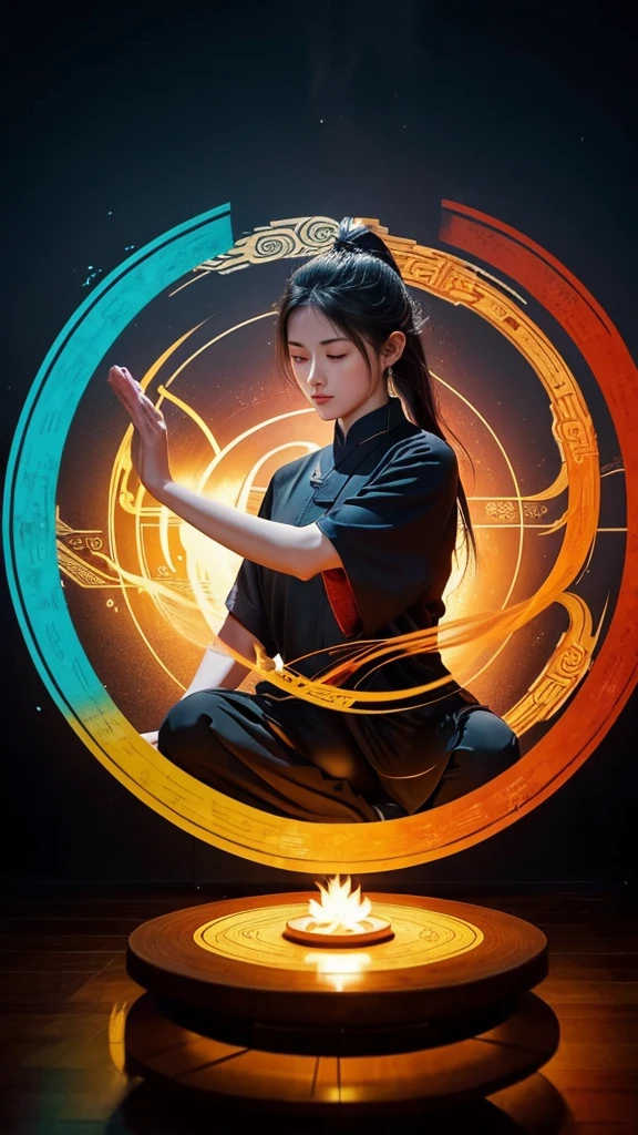(harmony, balance, yin-yang), Chinese silk painting, Tai Chi principles, fluid motion, interconnected elements, the interplay of contrasting forces, Daoist philosophy, a touch of the I Ching, warm and cool color palette, reflective art, inspired by Laozi, Zhuangzi, Yin Yang diagrams, Taijitu, the Bagua, the fusion of the spiritual and the physical,1girl,solo, grabbing breasts,, daoist, summon magic, cinematic lighting, fire and ice split, bagua background, circular bagua, yi yang, daoist practice, mediation sit, buddha sit, spiral loong, cloud loong at the top,