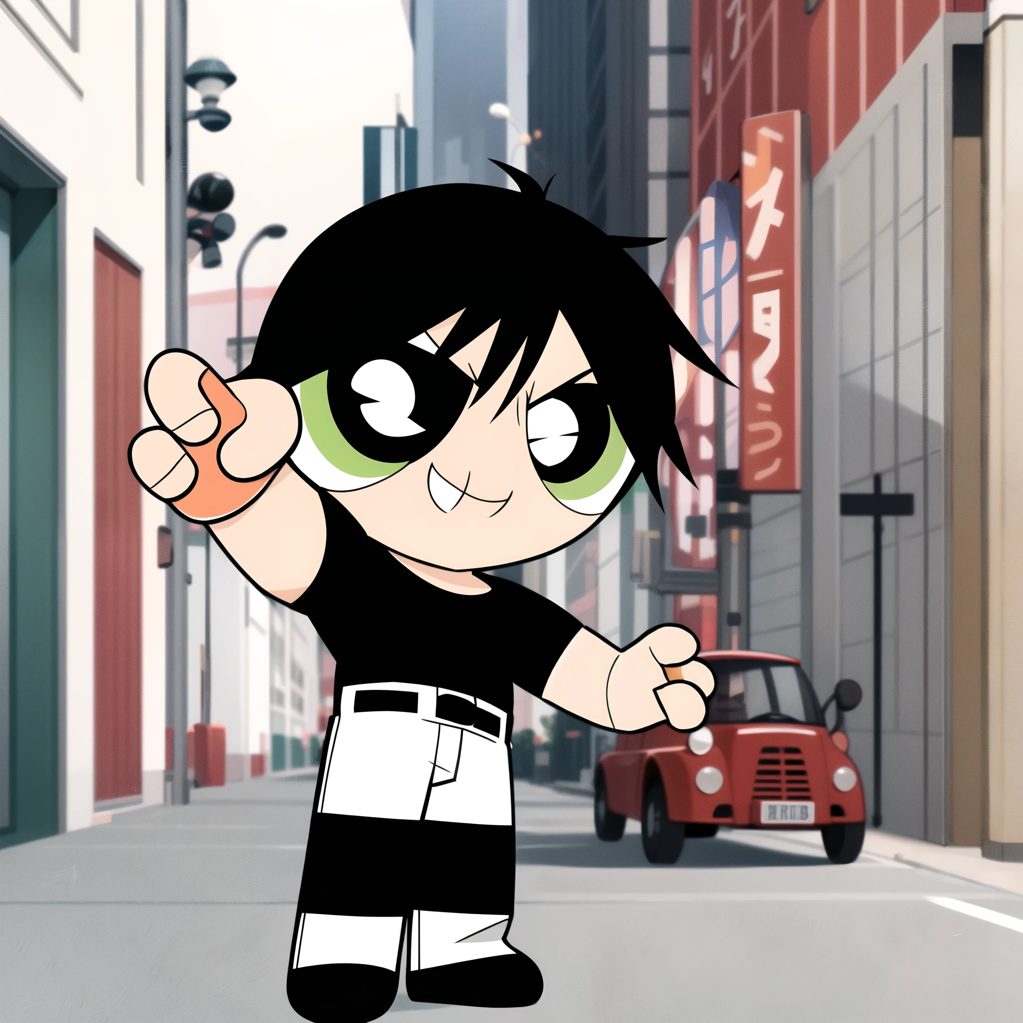 fushiguro toji, muscular male, black shirt, short sleeves, pants, cute smile, full body, chibi, black hair, background, (((Solo)))
