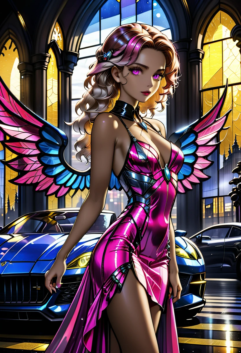 Arafed a ((stained glass artwork picture:1.5)) stained-glass, of a (mech cyberpunk female angel: 1.2) standing in at the street at night near her sports car, night, an  exquisite beautiful cyberpunk female angel  wearing dark dress, wearing ((intricate mech glamour pink evening dress: 1.3)), (white angelic wings: 1.2), spread angelic wings, halo over the head, small cleavage, wearing intricate diamond necklace,  wearing elegant high heeled boots,   dynamic eye color, dynamic hair color, dynamic hair style,  standing near her (sports car: 1.3), cyberpunk street t background, full body shot, (Masterpiece: 1.5), Vibrant, Ultra-high resolution, High Contrast, masterpiece:1.2, highest quality, Best aesthetics), best details, best quality, highres, ultra wide angle, 16k, [ultra detailed], masterpiece, best quality, (extremely detailed), Mechanical Creatures, intense gaze, stained-glass