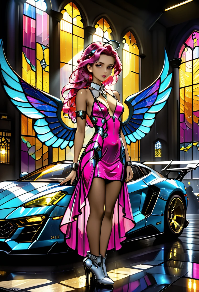 Arafed a ((stained glass artwork picture:1.5)) stained-glass, of a (mech cyberpunk female angel: 1.2) standing in at the street at night near her sports car, night, an  exquisite beautiful cyberpunk female angel  wearing dark dress, wearing ((intricate mech glamour pink evening dress: 1.3)), (white angelic wings: 1.2), spread angelic wings, halo over the head, small cleavage, wearing intricate diamond necklace,  wearing elegant high heeled boots,   dynamic eye color, dynamic hair color, dynamic hair style,  standing near her (sports car: 1.3), cyberpunk street t background, full body shot, (Masterpiece: 1.5), Vibrant, Ultra-high resolution, High Contrast, masterpiece:1.2, highest quality, Best aesthetics), best details, best quality, highres, ultra wide angle, 16k, [ultra detailed], masterpiece, best quality, (extremely detailed), Mechanical Creatures, intense gaze, stained-glass