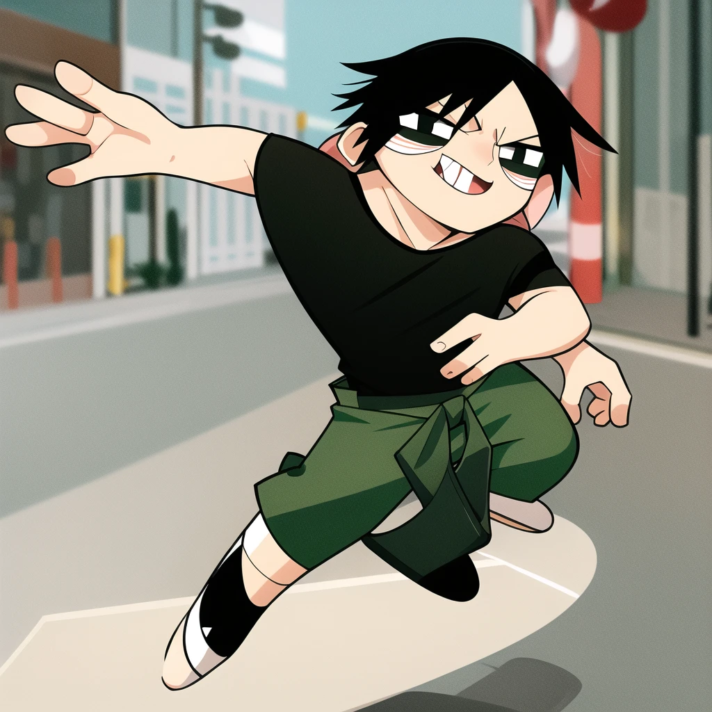 fushiguro toji, muscular male, black shirt, short sleeves, pants, cute smile, full body, chibi, black hair, background, (((Solo)))