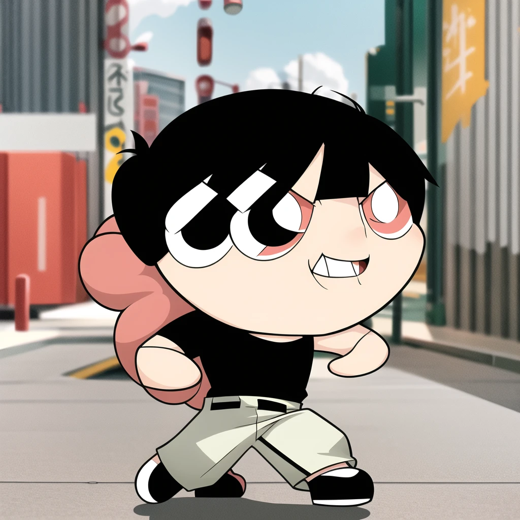 fushiguro toji, muscular male, black shirt, short sleeves, pants, cute smile, full body, chibi, black hair, background, (((Solo)))