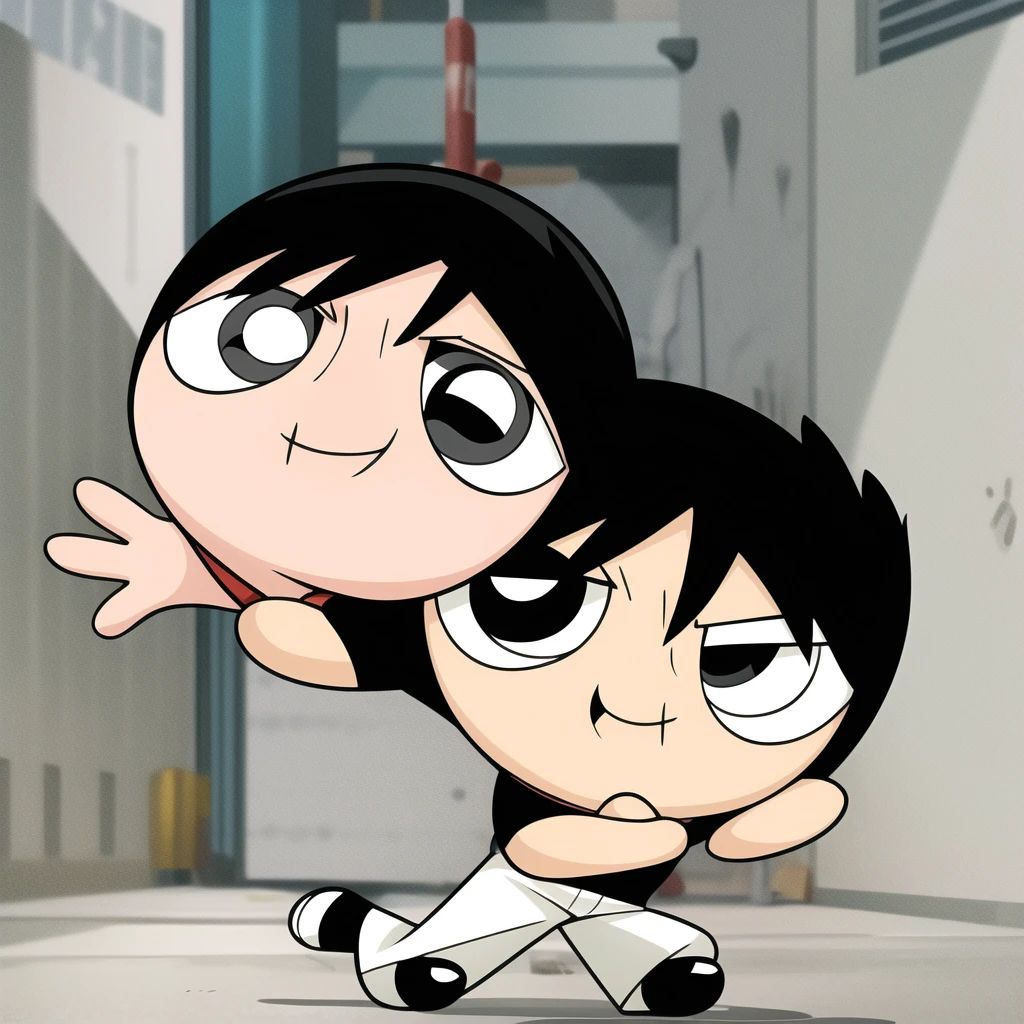 fushiguro toji, muscular male, black shirt, short sleeves, pants, cute smile, full body, chibi, black hair, background, (((Solo)))
