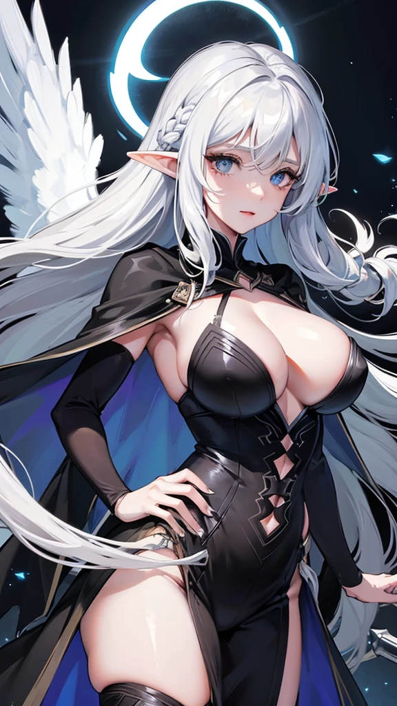 Photograph of the upper body of a beautiful woman, (nomal breasts, perfect body), Sharp focus, (plump body, mature woman), ((Looking ahead)), (Highly detailed skin, hair follicles:1.4,),
( long hairstyles) White hair, blue eyes, reaper.  , Elf ears, fairy tales (dark angel wings) , (wear black cape), darkness,(black cloth)
 , warriors , elegant, luxury, 
