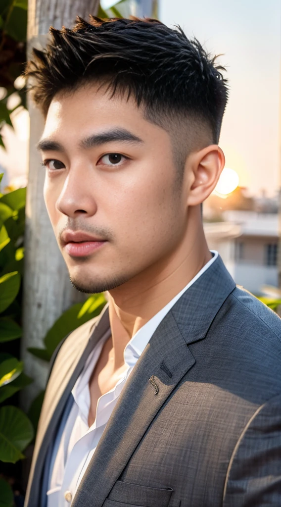 (realistically, Masterpiece, High resolution 8K, good light quality, Portrait, closed on face, complicated details), The most handsome Korean uncle., Beard,Age 40, Staring at desire, detailed face, Detailed eyes, look at the sky, shirt, suit lac suit,tick,黑Eyes, (Pale skin), body standards,brown hair, smooth hair,Big Back, Outdoor activities, evening, sunset,office room, Exaggerated, impersonal