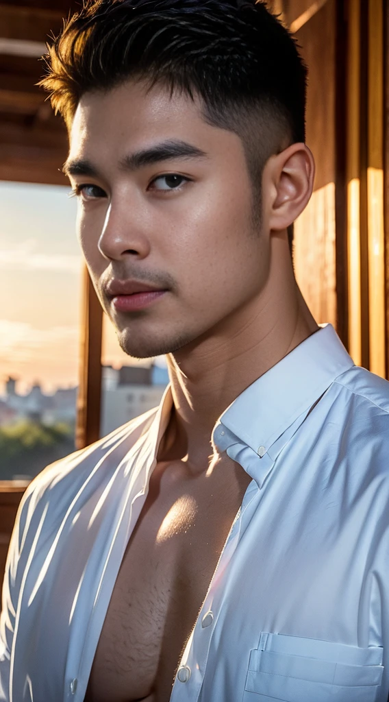 (realistically, Masterpiece, High resolution 8K, good light quality, Portrait, closed on face, complicated details), The most handsome Korean uncle., Beard,Age 40, Staring at desire, detailed face, Detailed eyes, look at the sky, shirt, suit lac suit,tick,黑Eyes, (Pale skin), body standards,brown hair, smooth hair,Big Back, Outdoor activities, evening, sunset,office room, Exaggerated, impersonal