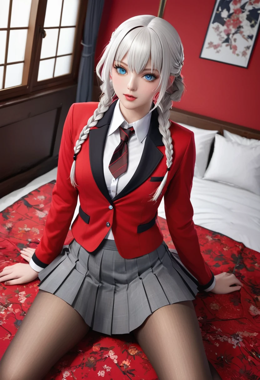 "1 girl, Incredibly detailed 8k computer graphics, perfect model, mesmerizing idol, stunning face, otherworldly beauty, virgin white hair, ring braids, charming blue eyes,  kakegurui ,  Red blazer, white  shirt, gray pleated skirt,  brown pantyhose, all-body, legs spread open, visible pussy, thong mesh, Unbutton your shirt, bare chested, background room