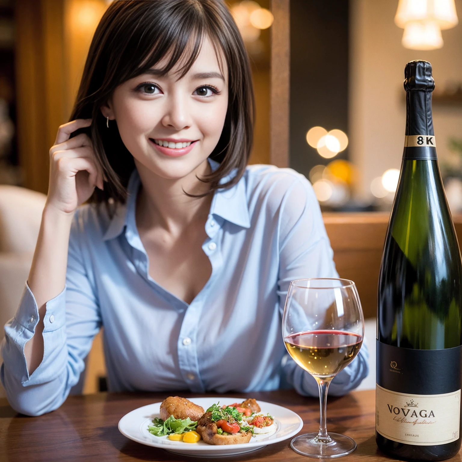 ((Highest quality、8K、masterpiece:1.3))、slimカップル、Pink rubber、modelカップル、(Realistic, Intricate details:1.2), full-course dinner、Wine Party、Amazing view of the sunset sky and clouds、A bright smile、The wonderfulness of smile、Bright image、The beauty of wine, Beautiful Face, blue eyes, The light shines on your face, Blushing, short hair,Bright Face、 (Age 42), 39 years old, red wine 、Appetizers、Italian food、Wine bottle、Champagne、sparkling wine、Two beauties、Brown Hair、Shortcuts、Long sleeve shirt、dress、Beautiful woman 1, (slimな顔), (The body is slim), (Brown Hair), (Shortcuts), cheeks turn a little red,Attractive beauty、restaurant, In a prominent place (From the waist up) Nova Frog Style, actress, model, Upper Body, White wine, slim, wine glass, 中央に置かれたwine glass, smile, (smile: 1.15), Beautiful fine grain, Depth f/2,saturation, High Contrast, Strong light and shadow,Moist Body:1.5、3D texture、Delicate eyes、Brown Hair、The hair is very shiny、