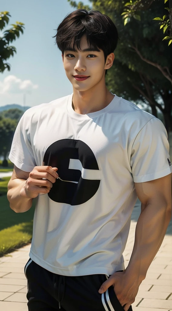 (As a matter of fact, Masterpiece, 8k HD, good light quality, sportswear, fit the face, complicated details), A handsome, muscular young Korean man. , 20 years old, be happy, smile brightly, detailed face, delicate eyes, มองดูsky, Wear casual clothes, period, black eyes, Black hair color, ผมsmooth, smooth, outdoor sports, Along the garden, Sunny,sky,Surreal,Awesome details,Highest quality,real,