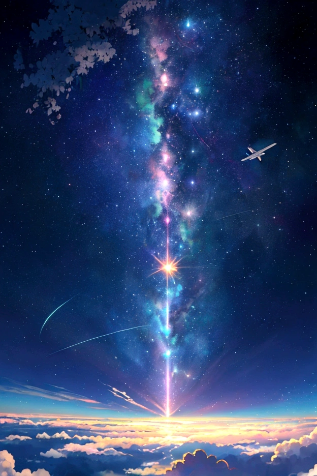 plane、虹色に光り輝くplane、虹色の空を飛ぶplane，colorful，beauttiful stars，wonderful景色，Utopia，An atmosphere full of dreams and hope，masterpiece．16K, Ultra-high resolution, Ultra-high resolution, to be born,wonderful ,future、Iridescent、The world 30 years from now。