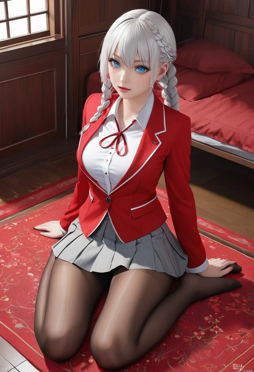 "1 girl, Incredibly detailed 8k computer graphics, perfect model, mesmerizing idol, stunning face, otherworldly beauty, virgin white hair, ring braids, charming blue eyes,  kakegurui ,  Red blazer, white  shirt, gray pleated skirt,  brown pantyhose, all-body, legs spread open, visible pussy, thong mesh, Unbutton your shirt, bare chested, background room