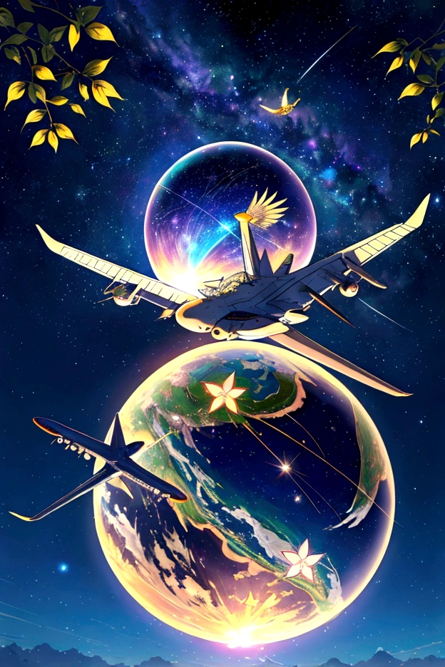 plane、虹色に光り輝くplane、虹色の空を飛ぶplane，colorful，beauttiful stars，wonderful景色，Utopia，An atmosphere full of dreams and hope，masterpiece．16K, Ultra-high resolution, Ultra-high resolution, to be born,wonderful ,future、Iridescent、The world 30 years from now。